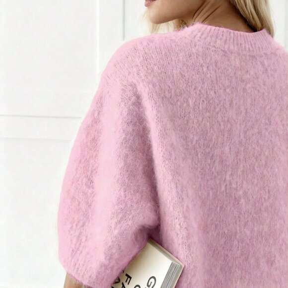 Pink Minimalist Women's Fuzzy Ribbed Knit Crew Neck Sweater - Picture 2 of 3